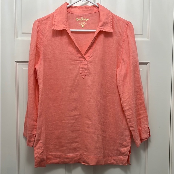 Lilly Pulitzer Tops - Lilly Pulitzer 100% Linen Salmon Pink Collared Long Sleeve Blouse - Size Small